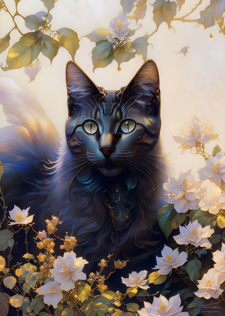 Majestic black cat with yellow eyes and floral necklace portrait