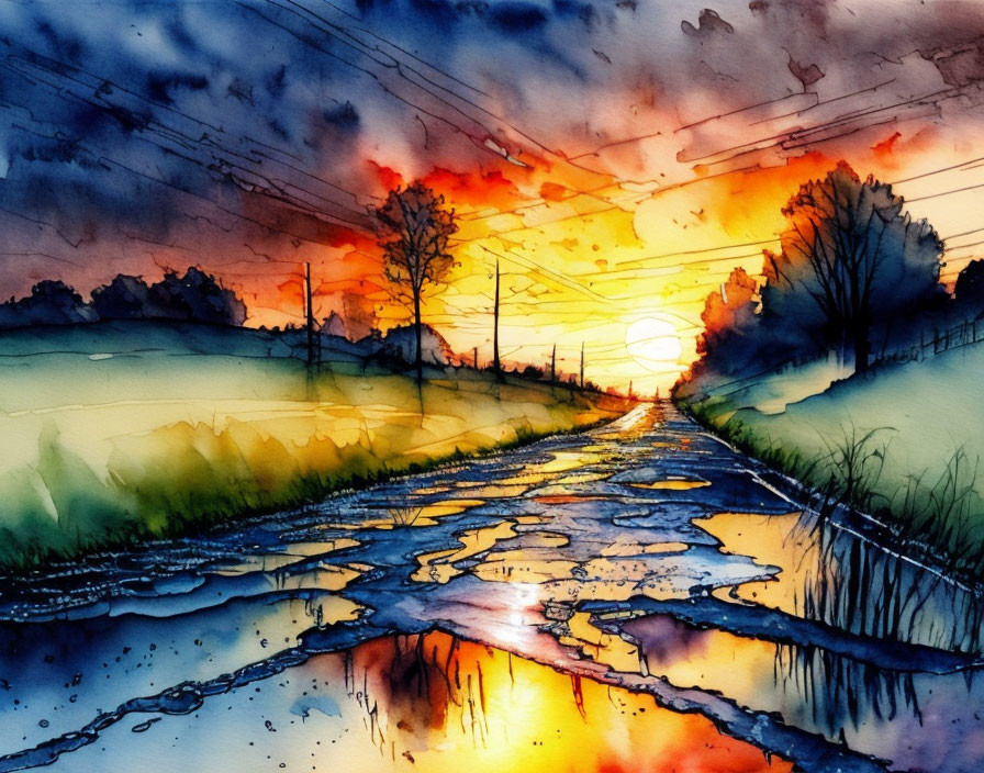 Colorful Watercolor Painting: Sunset Reflections on Wet Country Road