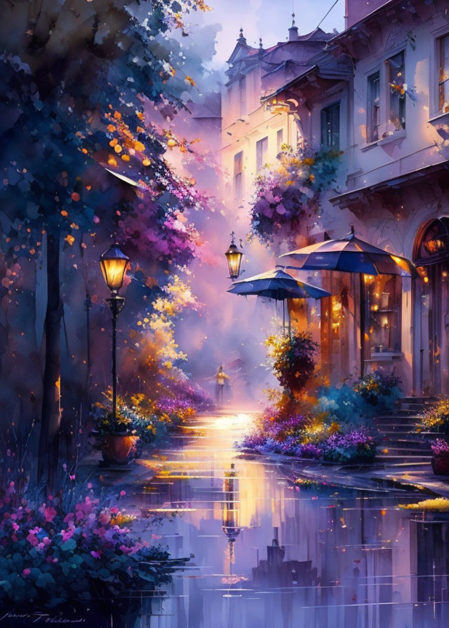 Colorful street scene with glowing lamps and blooming flowers in twilight.