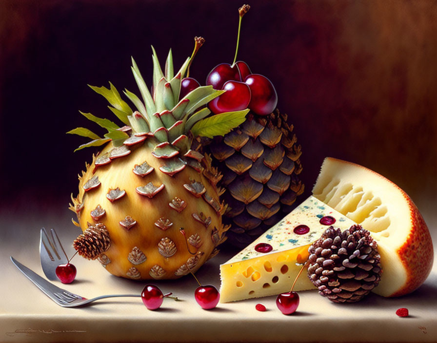 Pineapple, cherries, cheese, melon slice, pinecone, and fork on draped