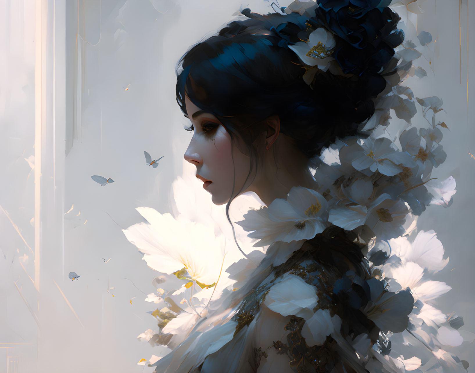 Profile view of woman with dark hair, gold accents, surrounded by white flowers and butterflies