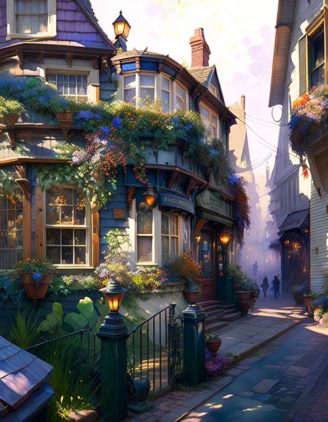 Charming flower-covered bookstore on quaint street corner