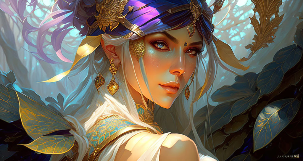 Ethereal fantasy character with pointed ears and jeweled headpiece in lush setting