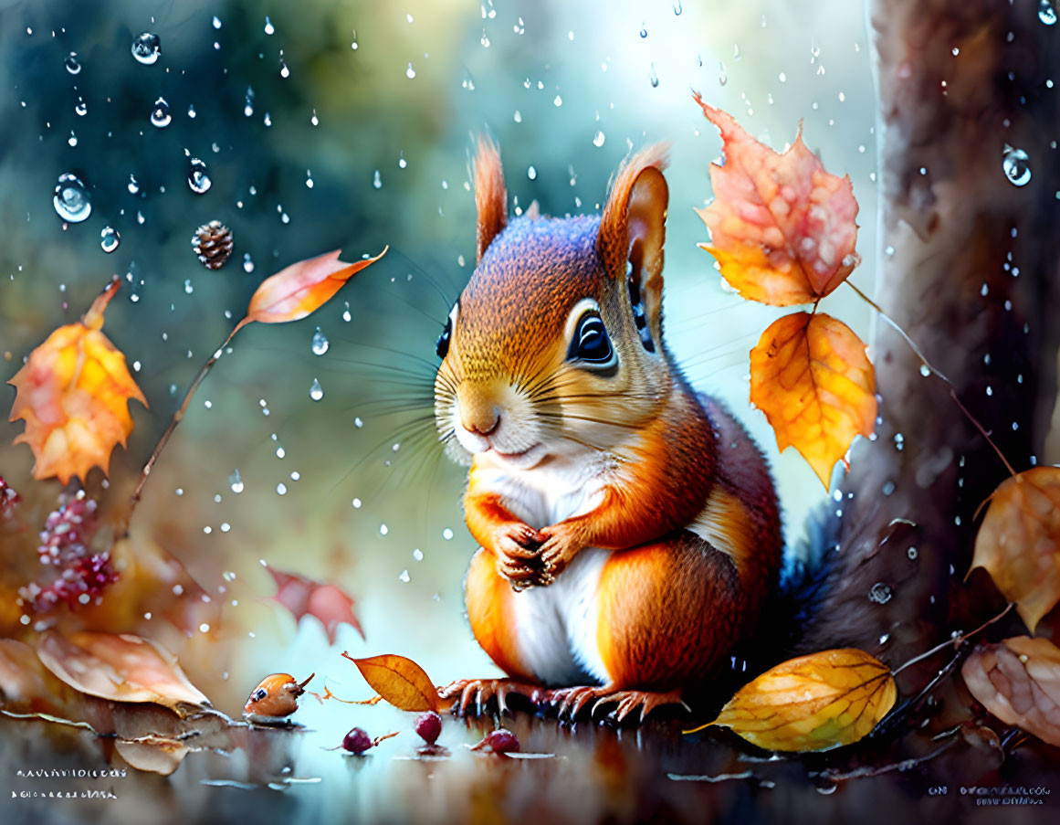 Detailed Illustration of Squirrel in Rain with Autumn Leaves