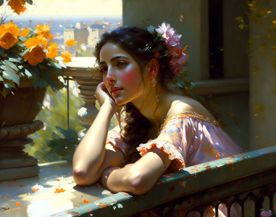 Woman with flowers in hair beside vase of orange blooms in sunlit setting