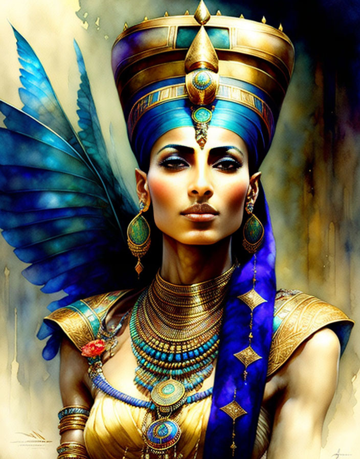 Illustration of woman in Egyptian headdress, jewelry, and wings exudes regal elegance.