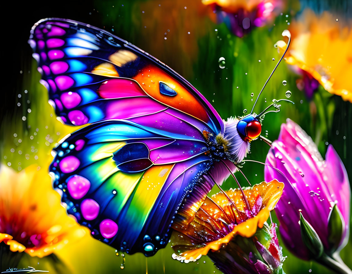 Colorful Butterfly with Water Droplets on Wings Perched on Flower