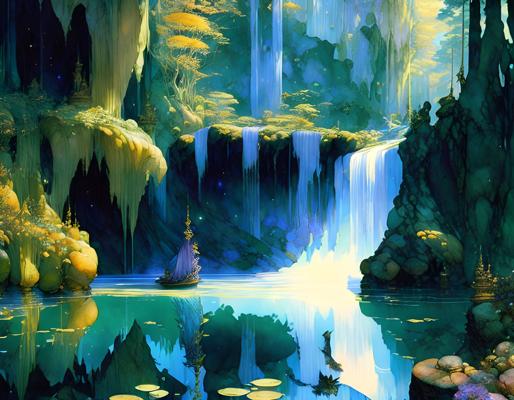 Fantastical landscape with waterfalls, lake, vegetation, and boat