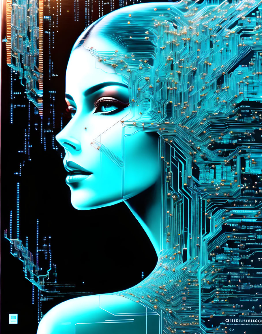 Female figure with circuit board patterns on dark background.