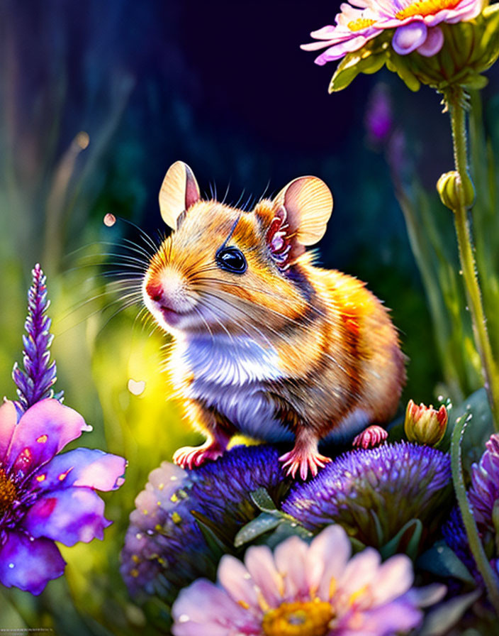 Colorful Hamster Among Flowers with Dew Drops in Warm Light