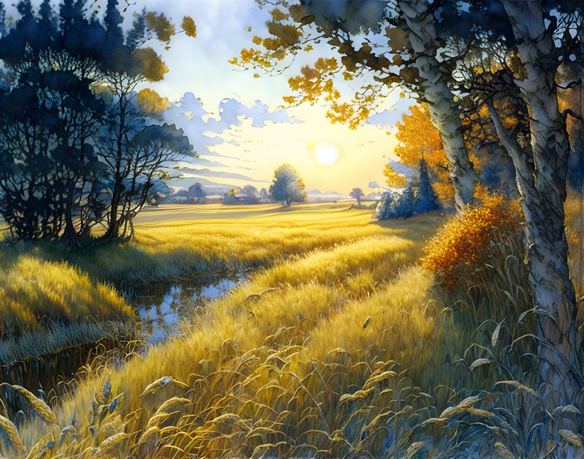 Tranquil Sunrise Scene: Golden Wheat Field, Trees, and Stream