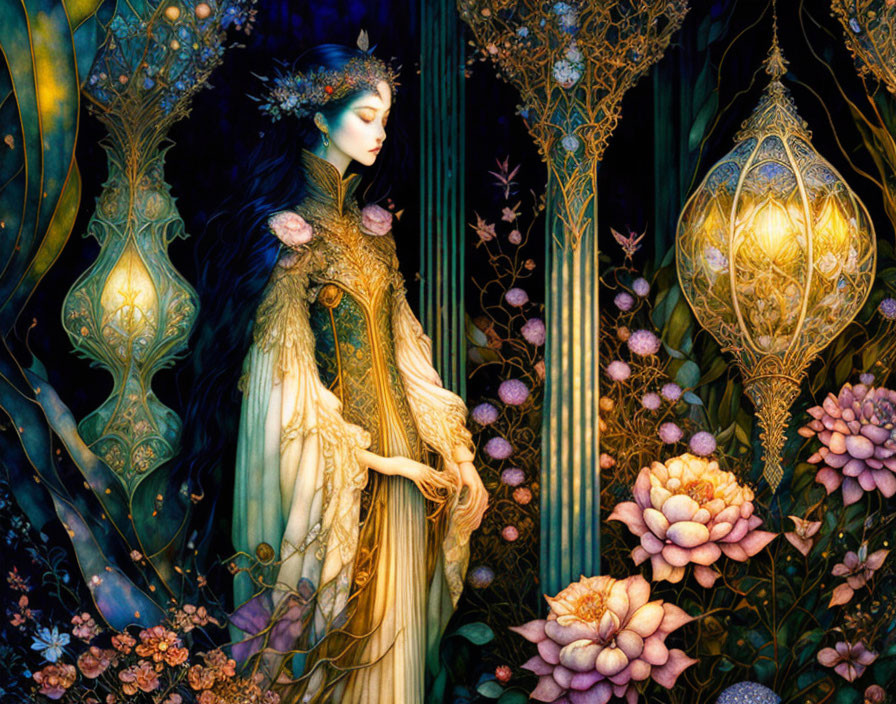 Ethereal woman in flowing gown with luminous lanterns and floral backdrop