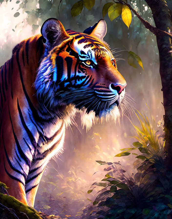 Colorful Tiger Artwork in Jungle Setting with Sunlight Filtering Through Foliage