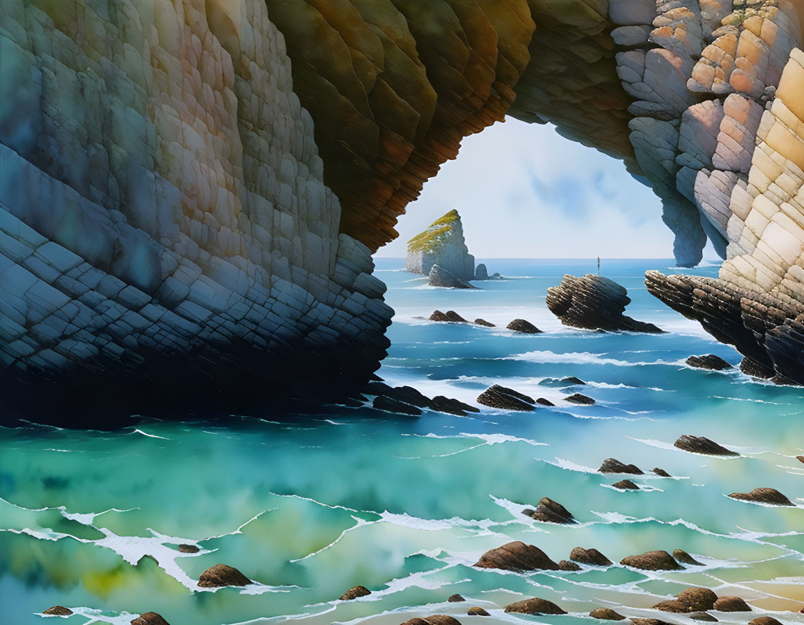 Tranquil coastal landscape with natural rock archway and turquoise sea