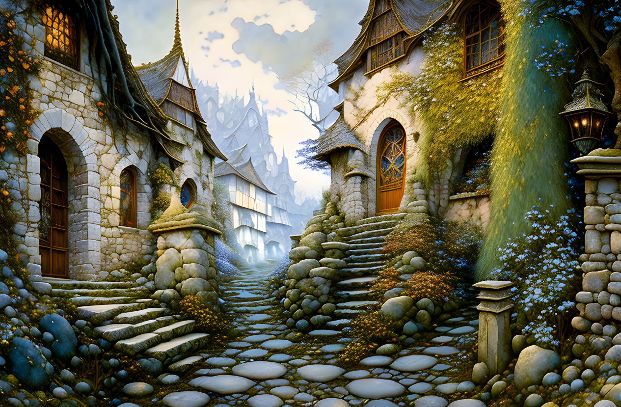 Mystical village with cobblestone paths and icy mountain backdrop