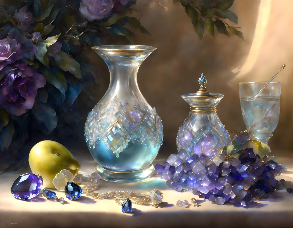 Translucent vase, crystals, glass, apple on draped table in still life painting