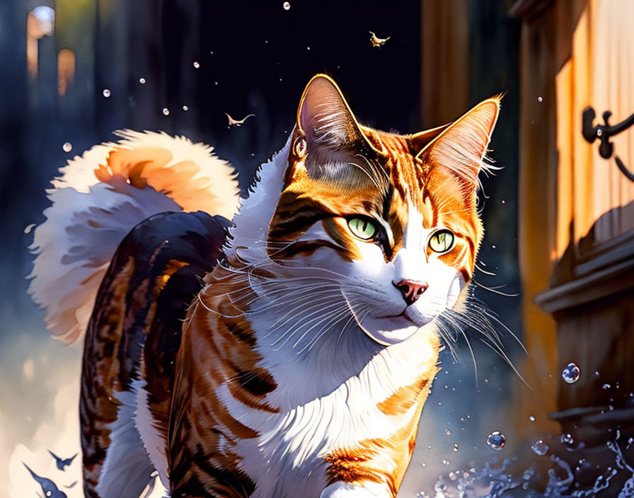 Illustrated orange and white cat with green eyes in sunlight and water droplets