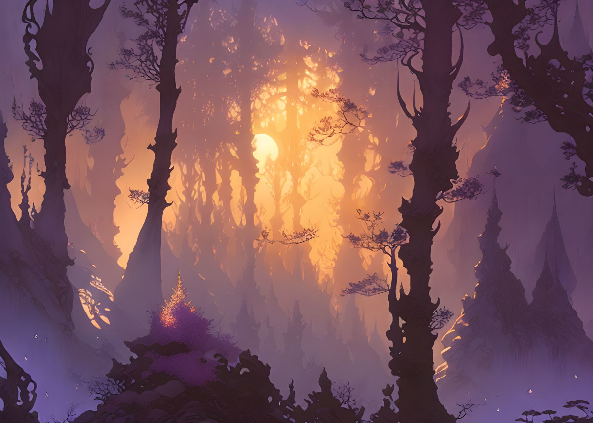 Purple forest with tall shadowy trees in warm glowing sun and mystic fog