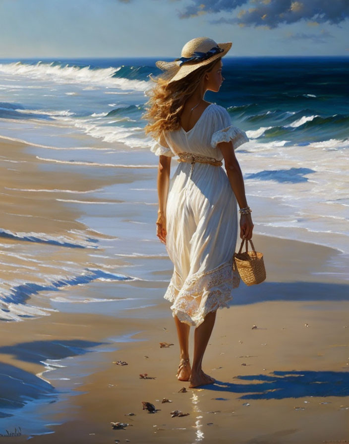 Woman in white dress and straw hat strolling on sunny beach with basket