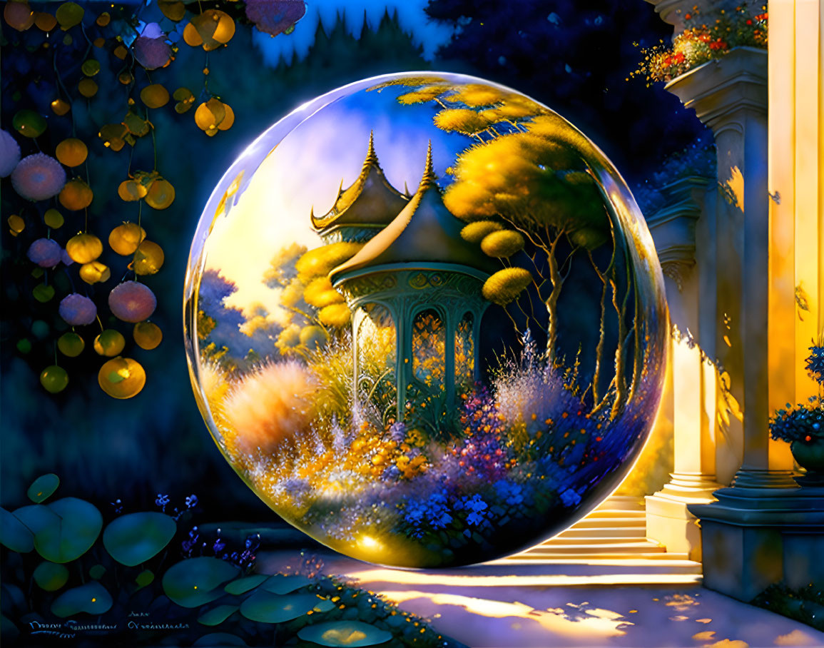 Glowing crystal ball with Asian pagoda in lush setting