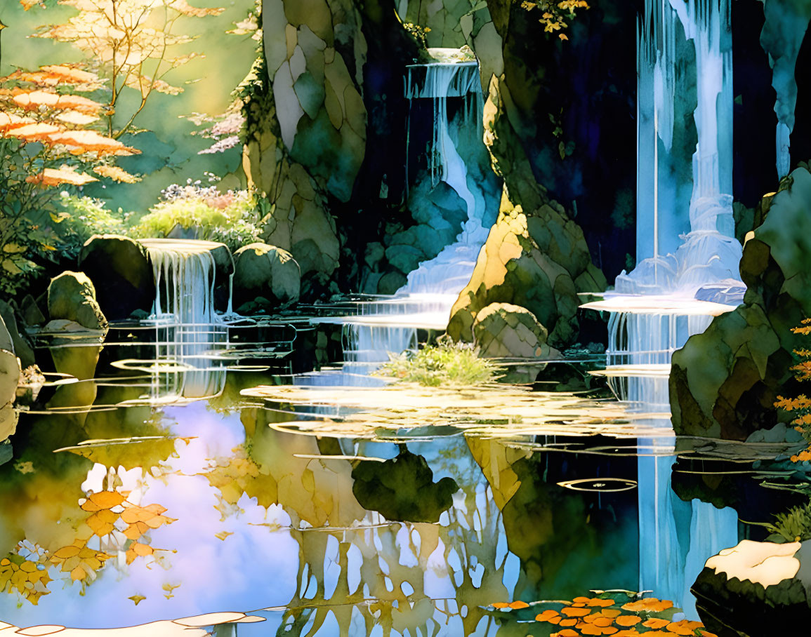 Tranquil waterfall in lush autumn setting