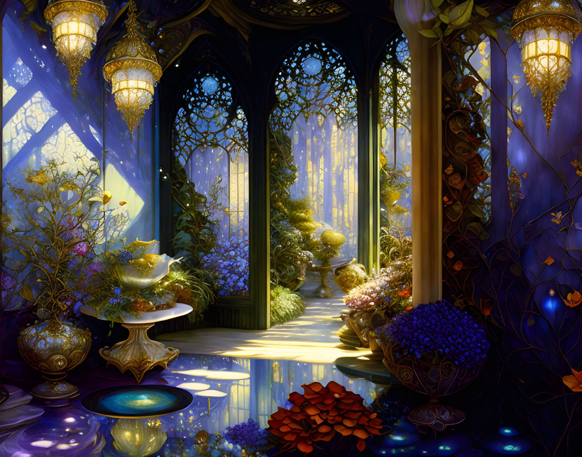 Ornate lanterns, vibrant flowers, and intricate windows in an indoor scene.