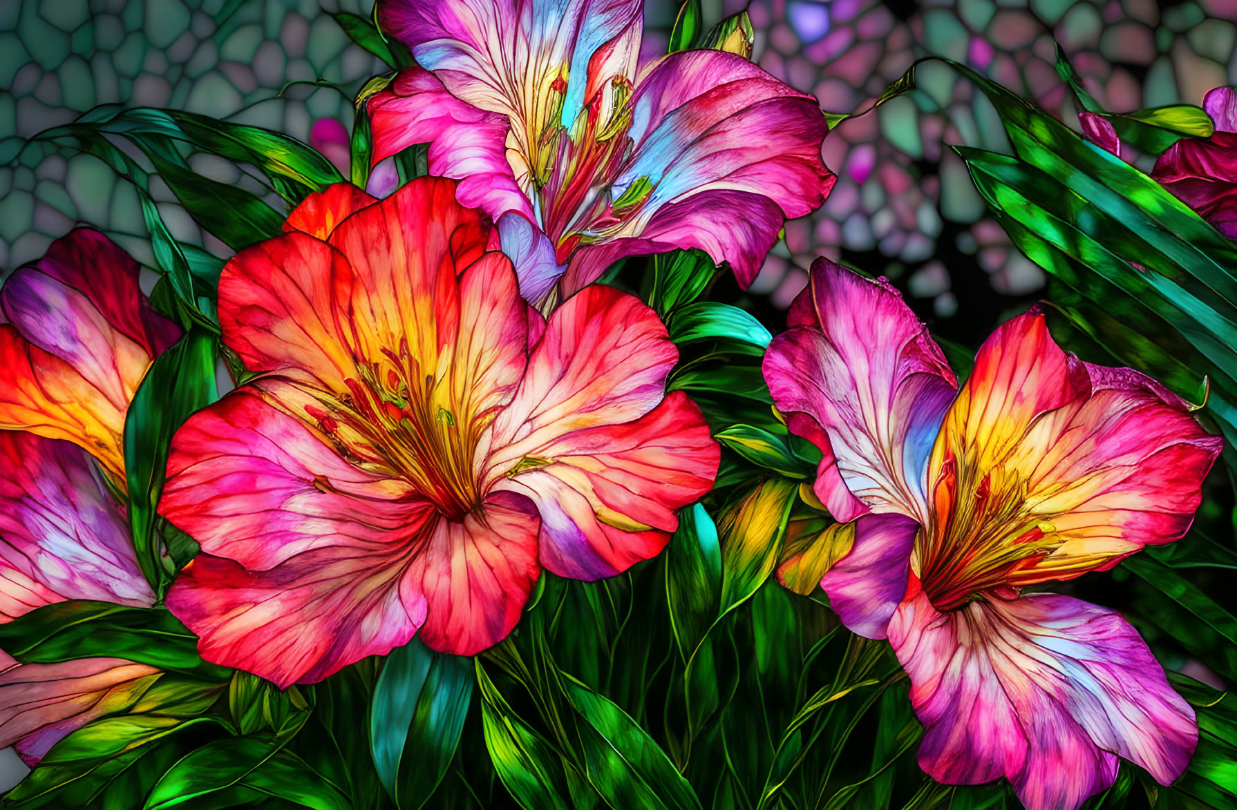 Colorful digital artwork featuring vibrant pink and orange flowers on a mosaic background