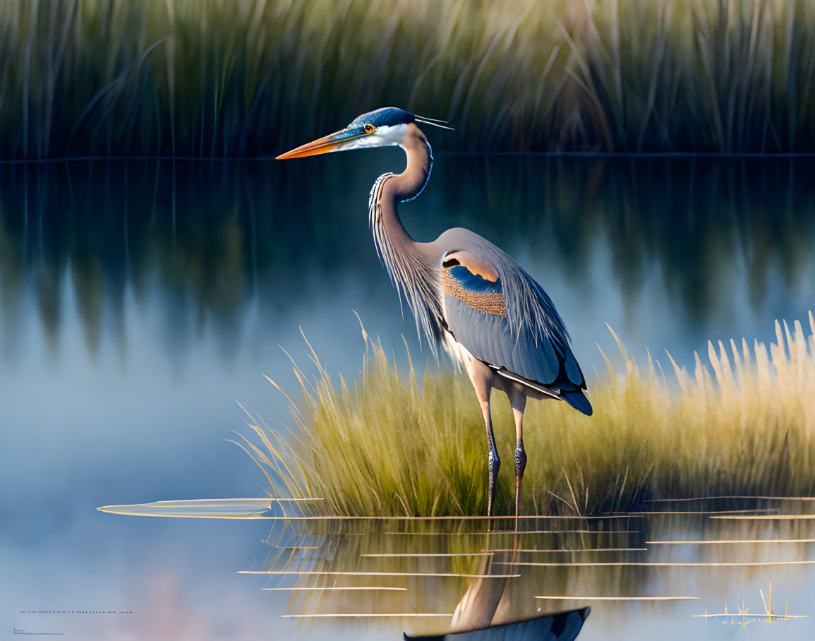 Graceful Great Blue Heron in Tranquil Water Setting