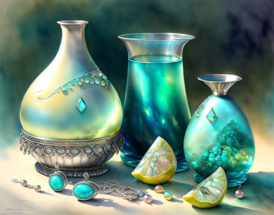 Ornate glass vases and jewelry pieces on soft-focus background