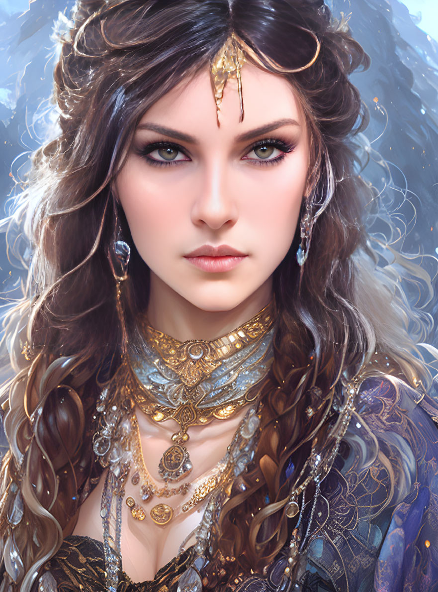 Intricate gold jewelry on woman with blue eyes and braided hair