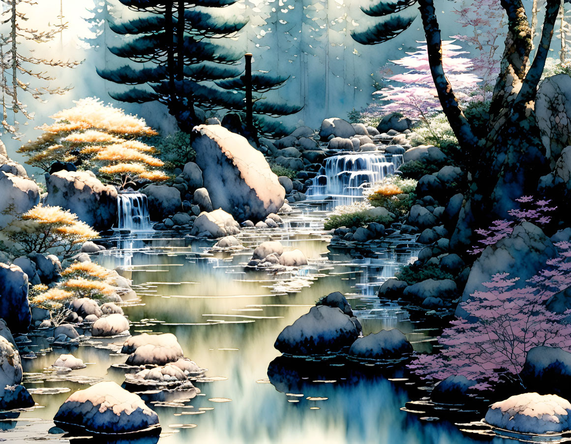 Tranquil landscape with waterfalls, pine trees, rocks, and cherry blossoms