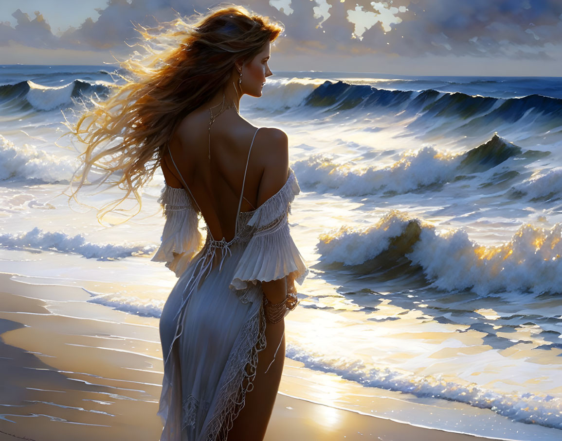 Woman in elegant dress on beach at sunset with crashing waves