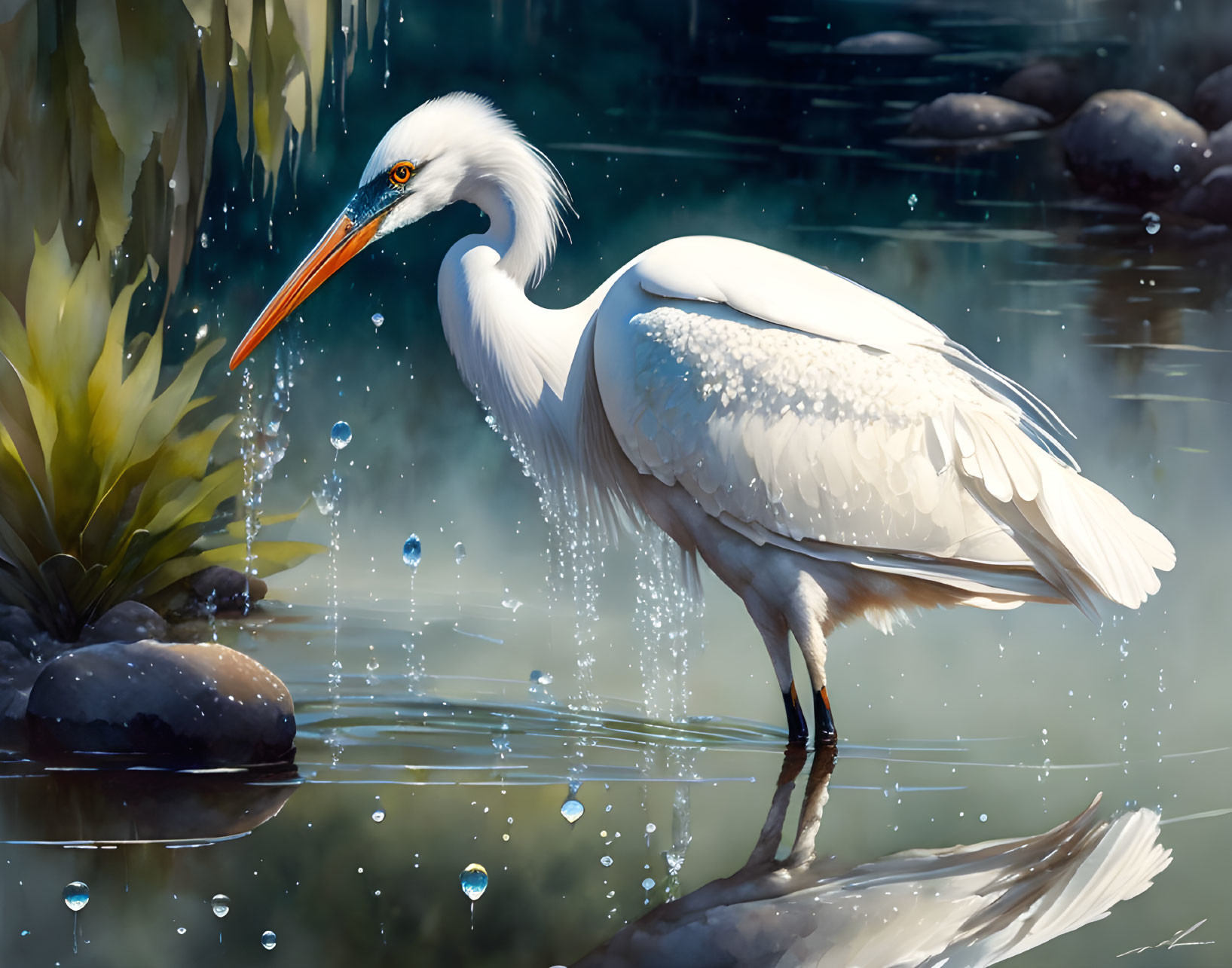 White egret in water with glistening feathers and droplets, rocks and plants backdrop