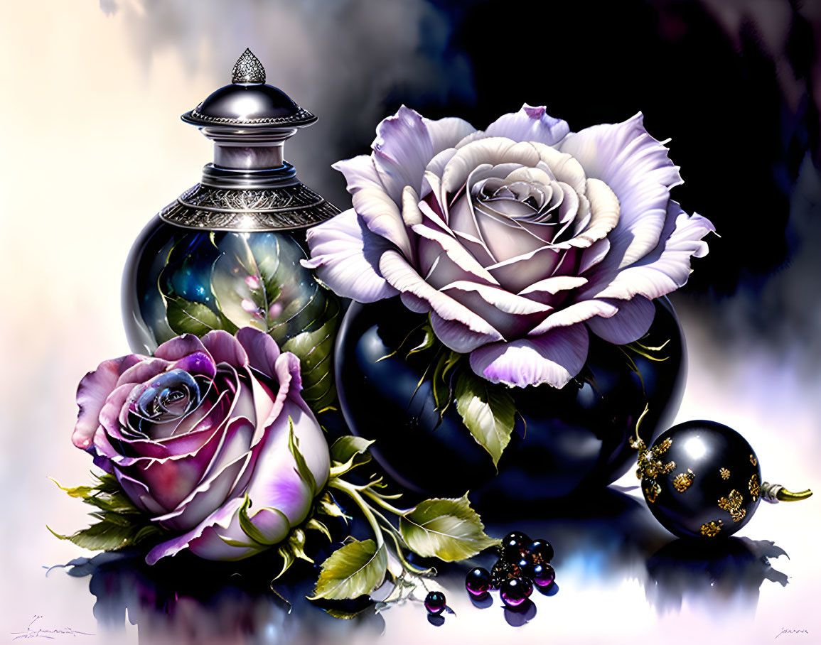 Black perfume bottle with roses, spheres, and beads on hazy background