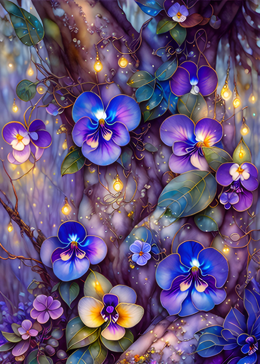 Vibrant purple flowers with golden centers in a luminous illustration