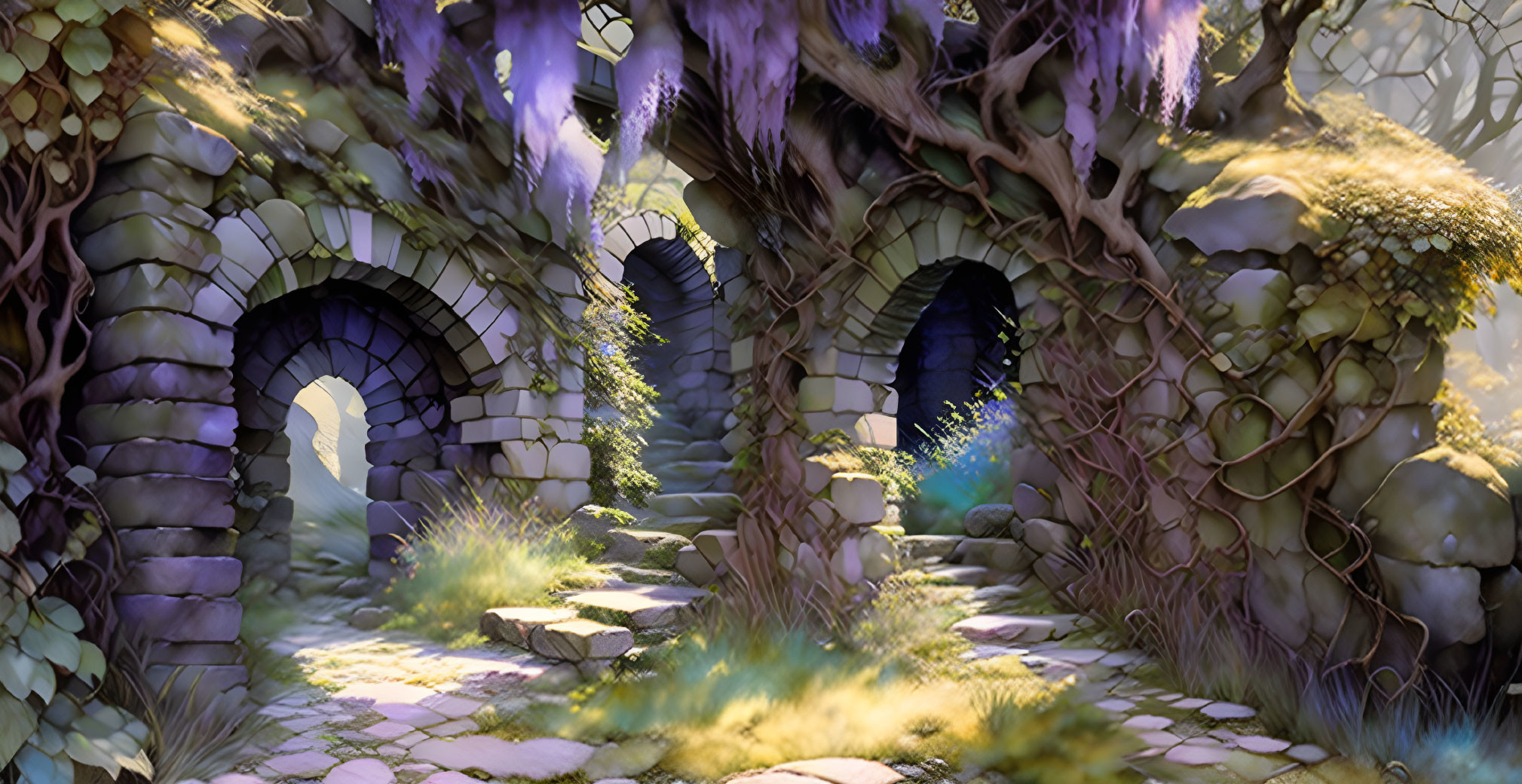 Stone archways in lush forest with purple flowers under sunlight