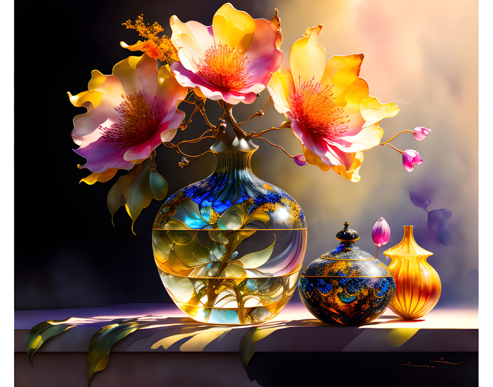 Colorful Digital Artwork: Translucent Vases & Blooming Flowers