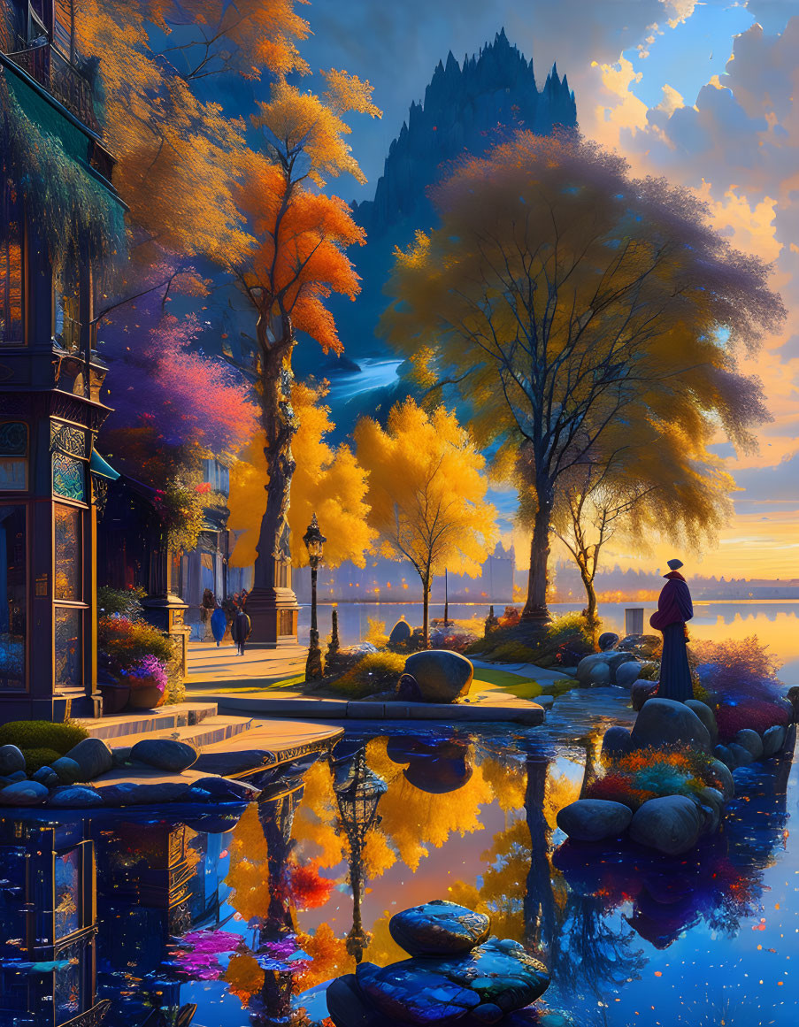 Colorful cityscape at sunset with person by water, trees, and spire.