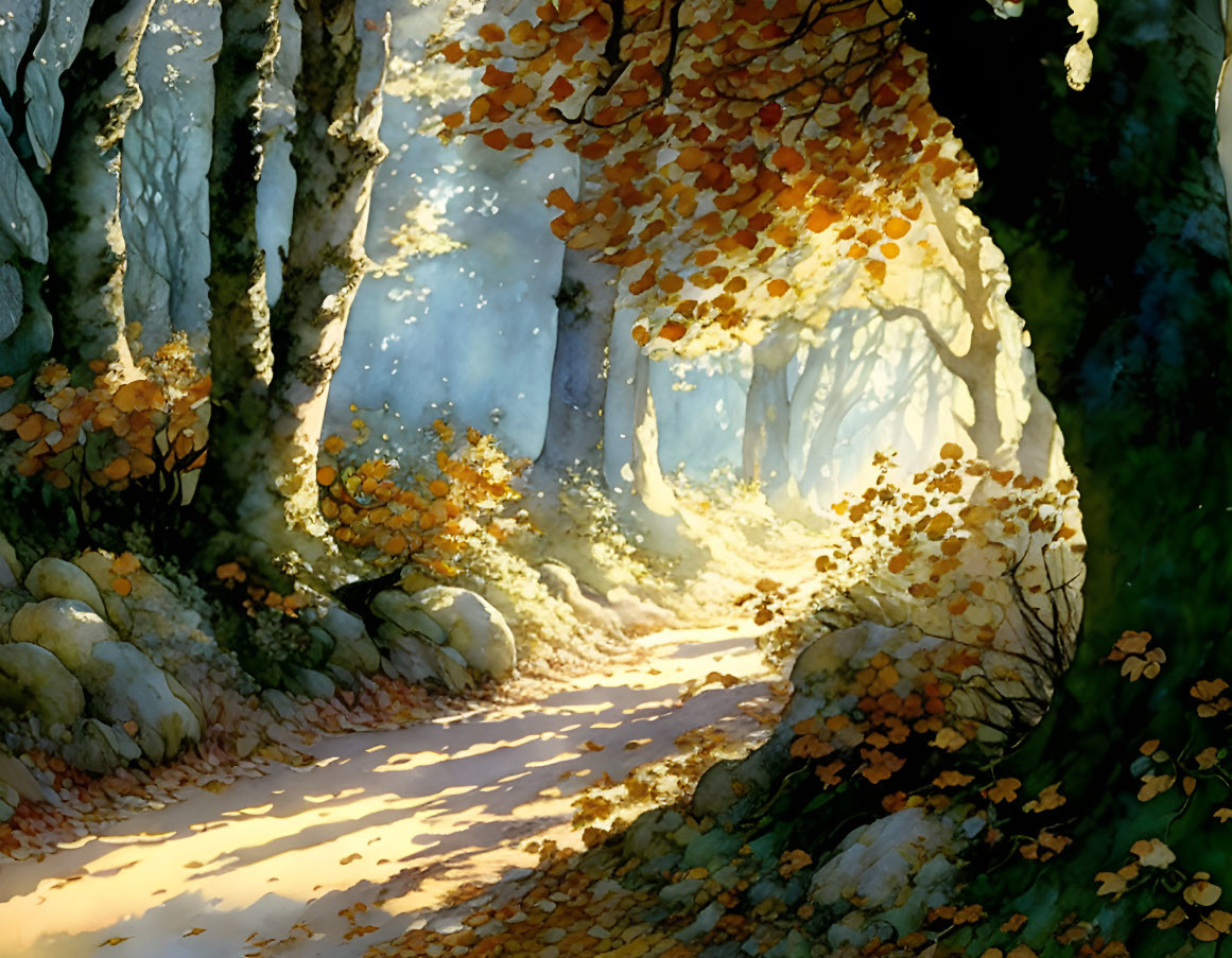 Sunlit forest path with autumn leaves, trees, and rocks for a tranquil atmosphere