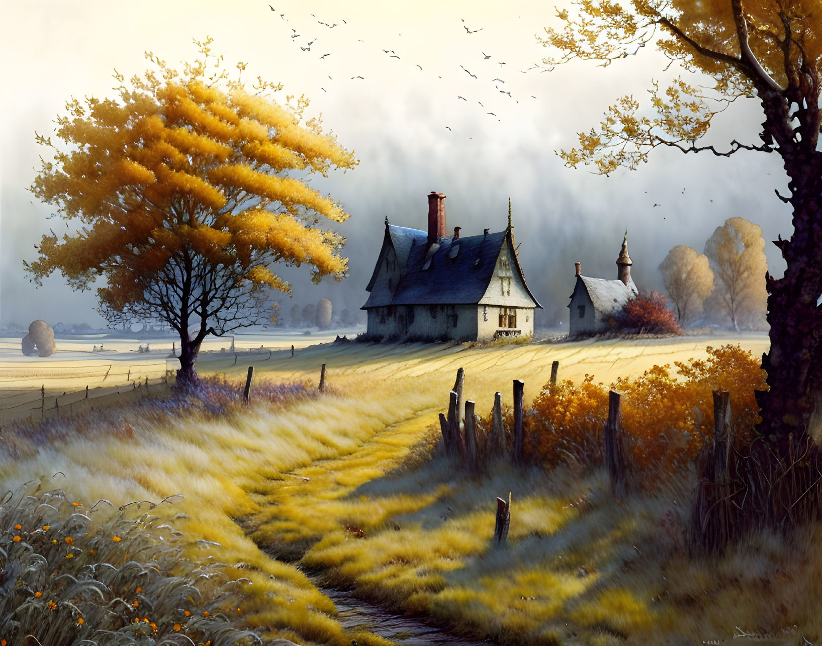 Autumn landscape with cozy cottage, vibrant trees, and winding path