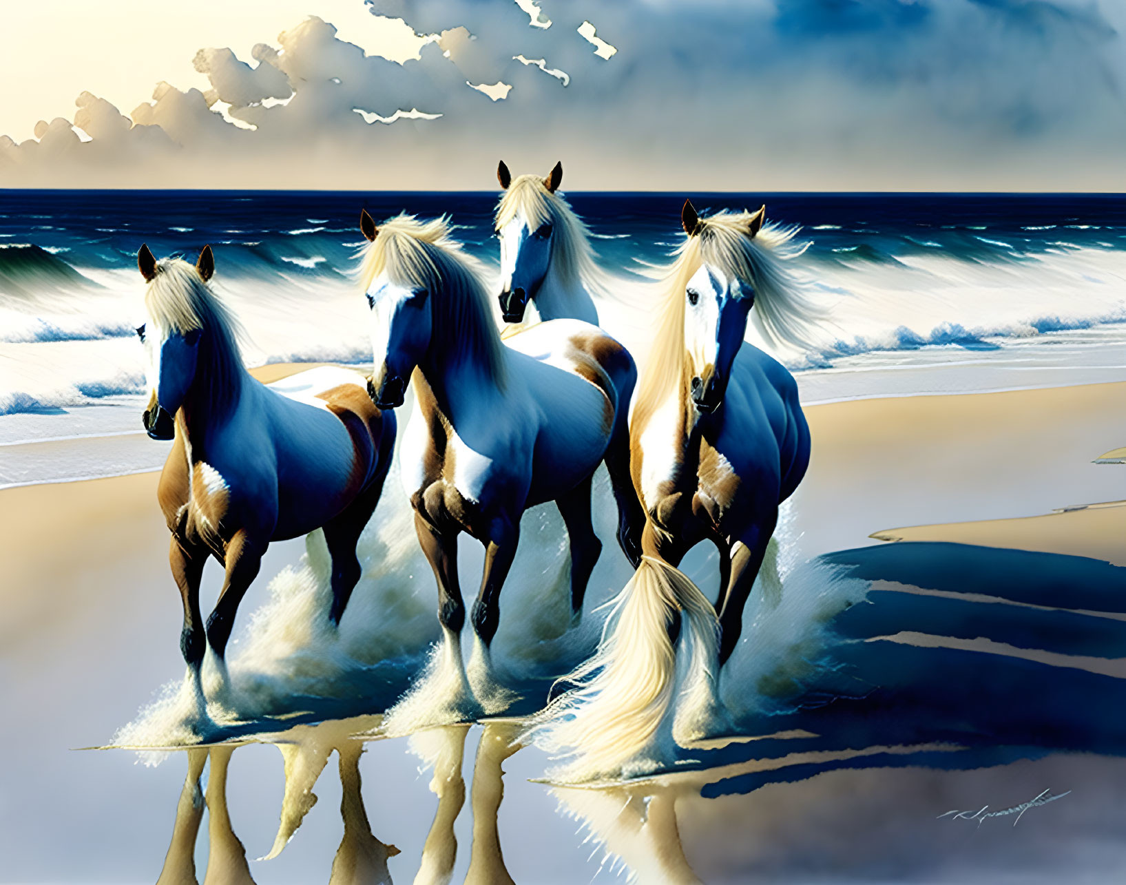 Three horses with flowing manes on beach with dramatic clouds