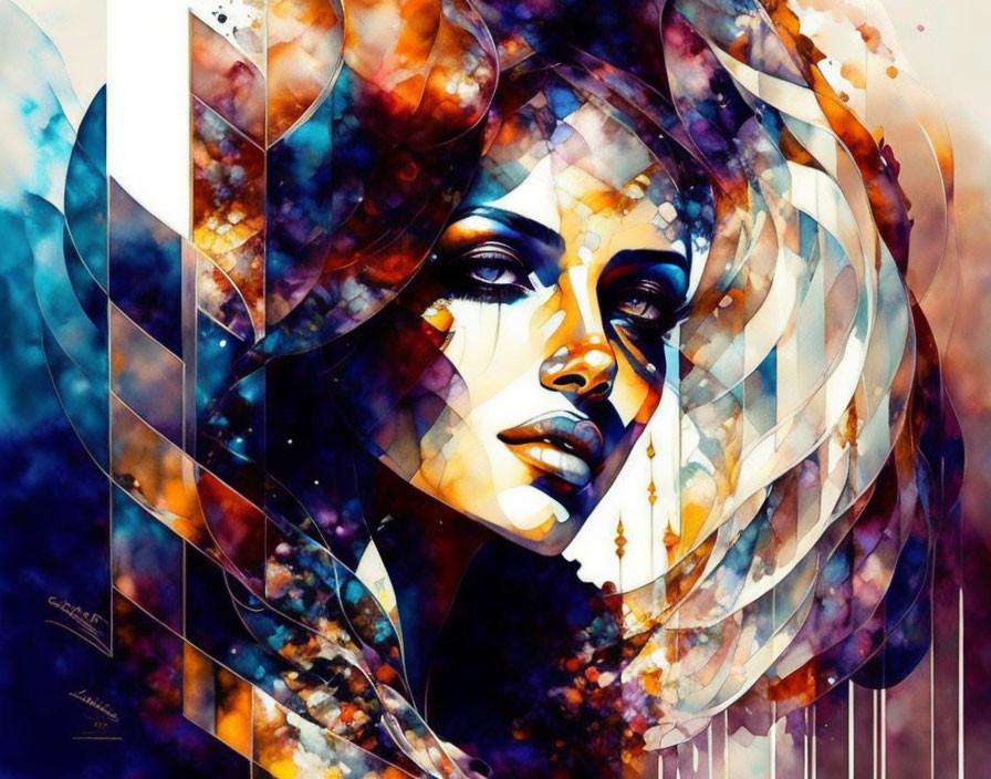 Vibrant blue and orange abstract woman's face art with fragmented patterns