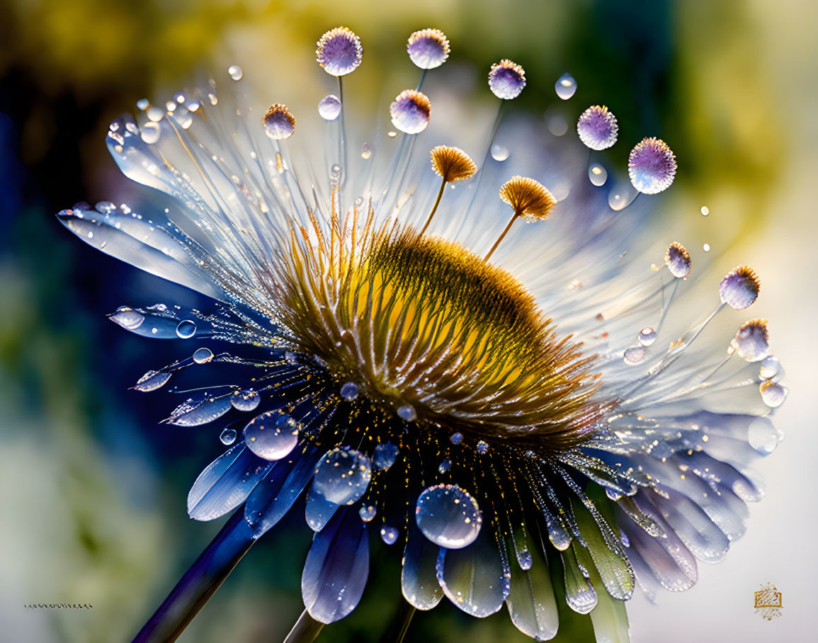 Close-up of dew-covered daisy with water droplets refracting light on colorful bokeh background