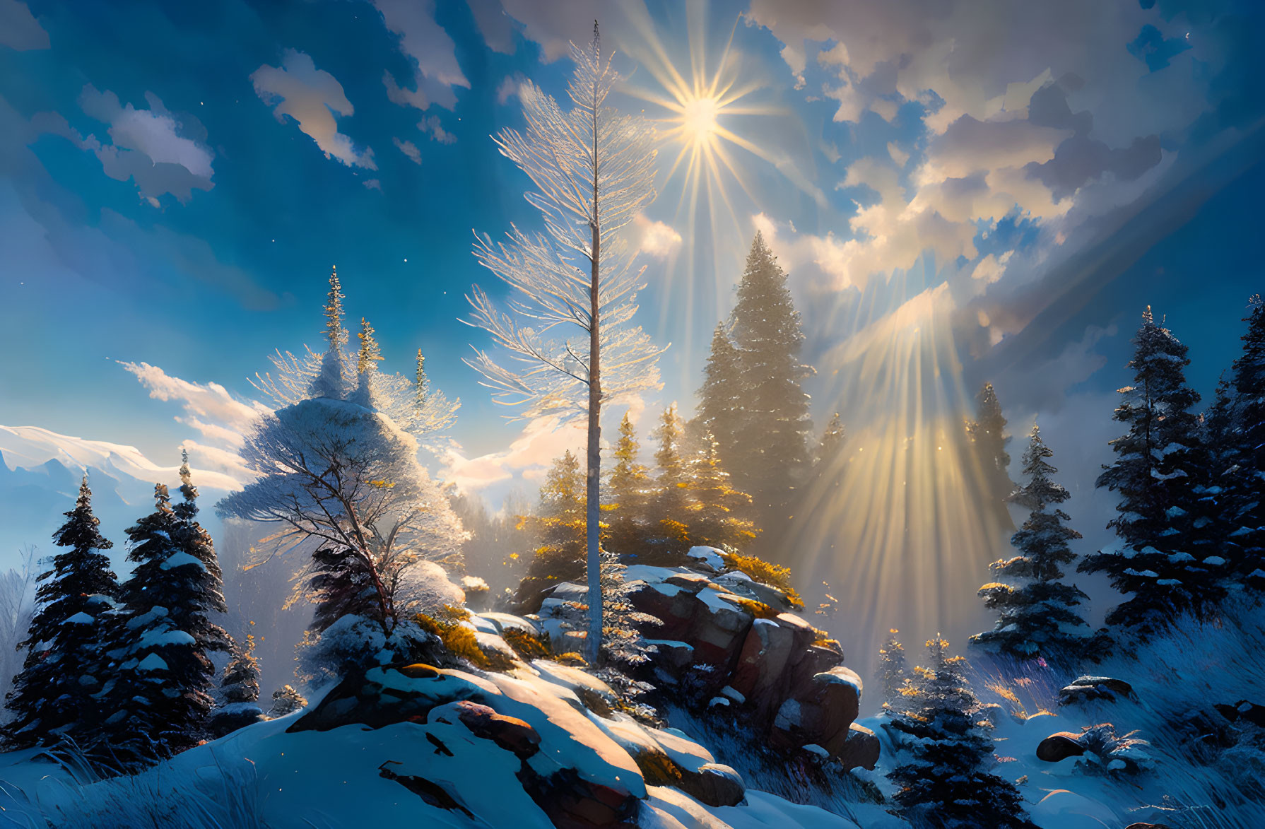 Winter landscape with sunbeams, snow-covered rocks, and evergreens