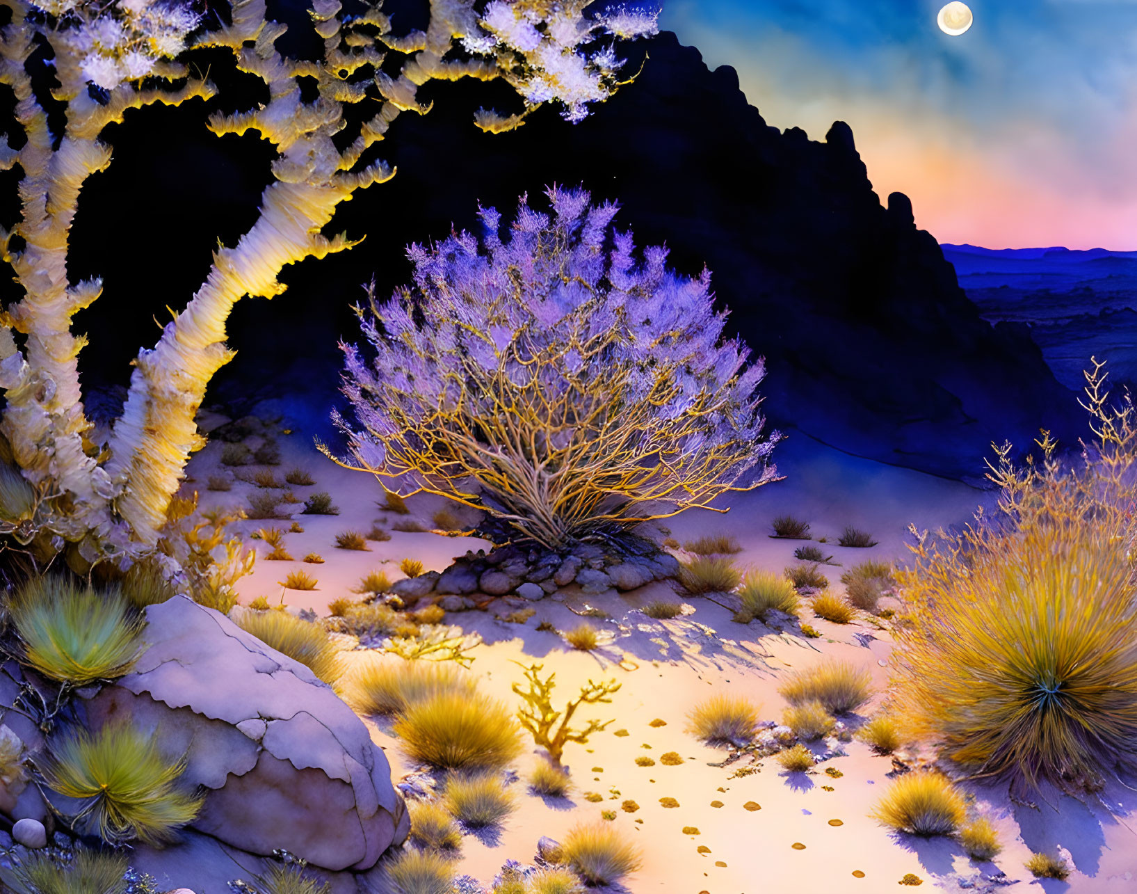 Twilight desert landscape with full moon, glowing flora, rocky terrain, and surreal ambiance