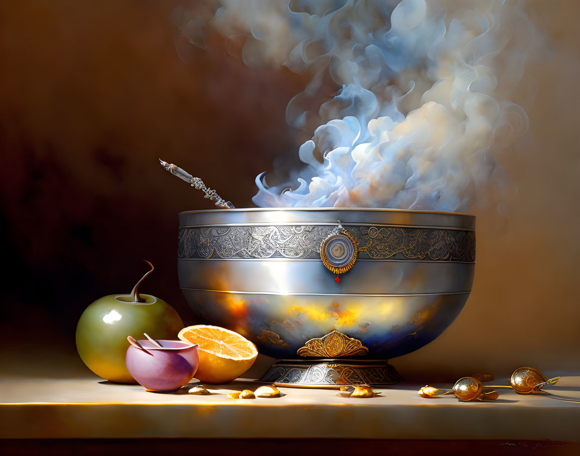 Ornate bowl, sliced fruit, apple, nuts, and eyeglasses in still life.