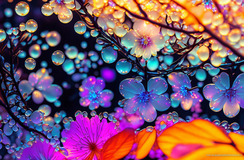 Neon-lit flowers with water droplets on branches in a dark setting