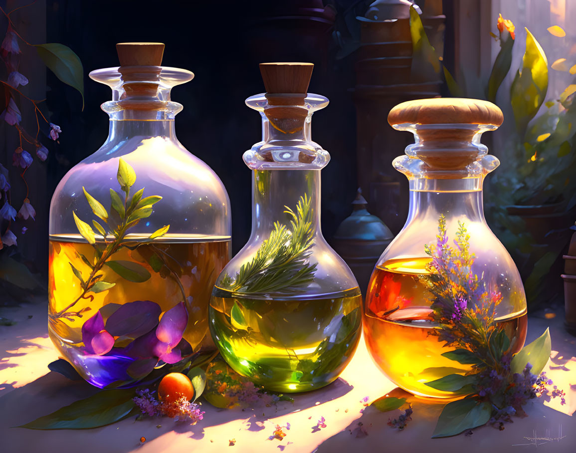 Translucent potion bottles with herbs in warm magical light