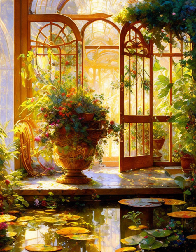 Tranquil conservatory with arched windows, vibrant flowers, and serene pond.