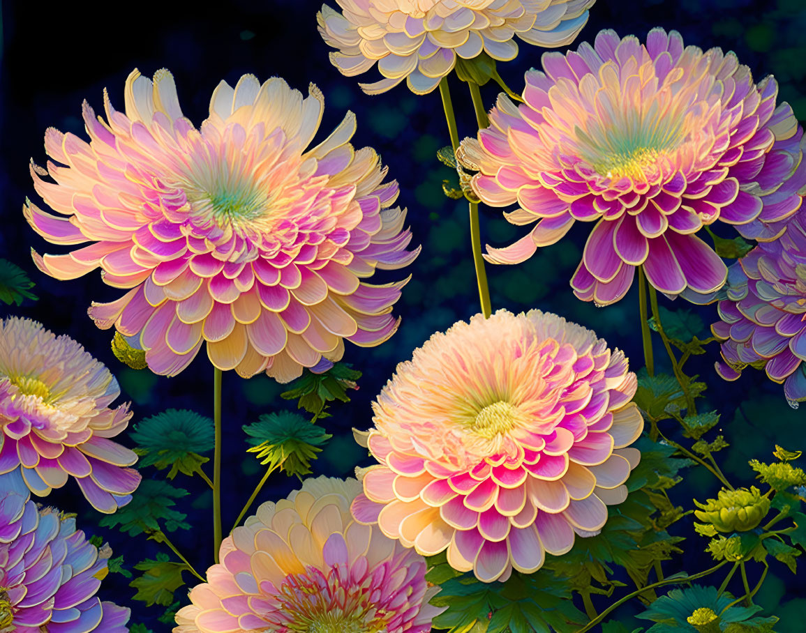 Colorful chrysanthemums bloom against dark backdrop